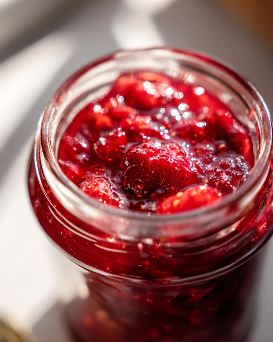 Close-up of glossy, vibrant red Christmas jam filled in a glass jar, with visible fruit pieces.