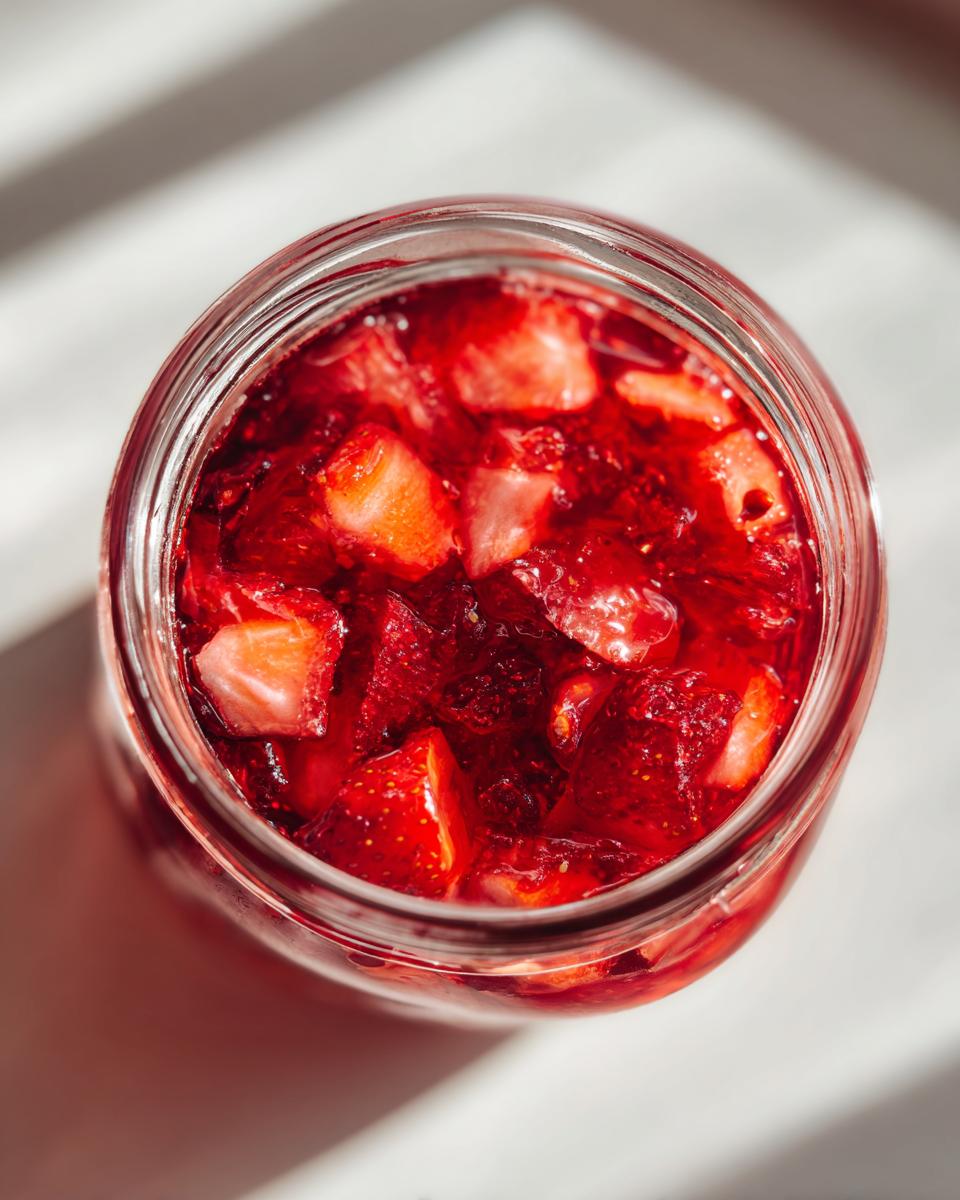 Overhead view of a glass jar filled with vibrant, chunky Christmas jam made from fresh strawberries.