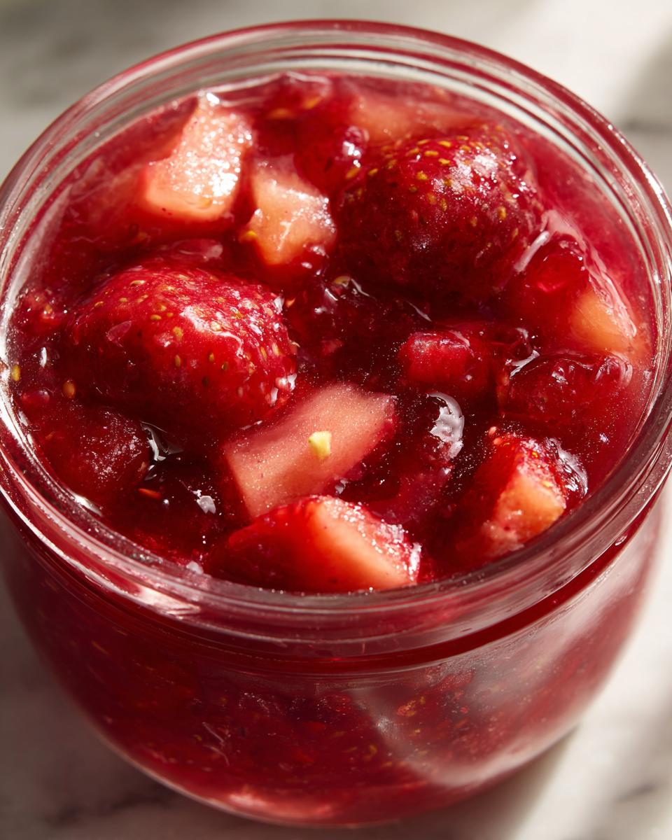 A close-up view of a glass jar filled with vibrant red Christmas jam, featuring whole and chopped strawberries.