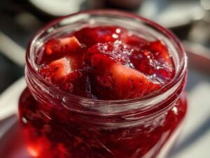 Close-up of a glass jar filled with glistening homemade Christmas jam, featuring visible strawberry pieces.