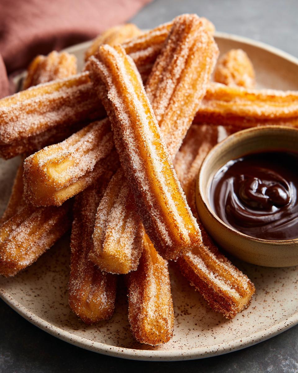 A pile of golden brown churros coated in cinnamon sugar, served with a small bowl of rich chocolate dipping sauce.