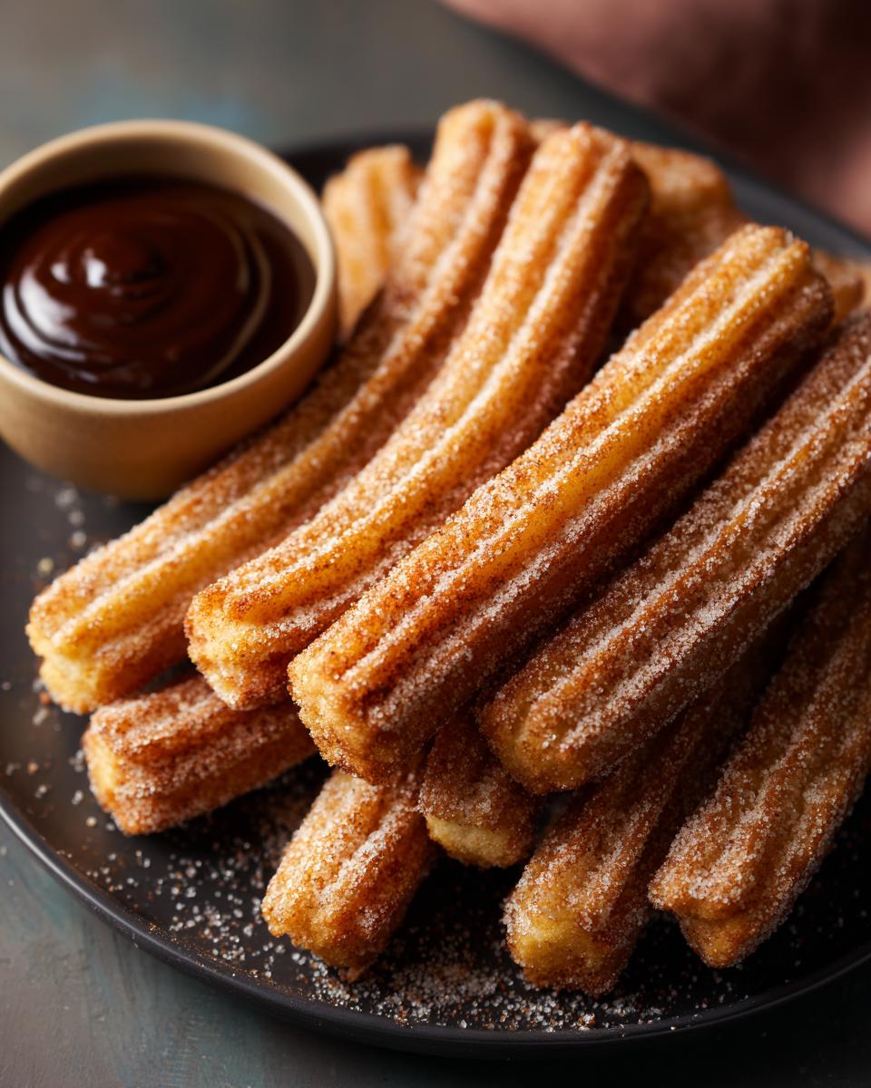 A pile of freshly fried churros coated in cinnamon sugar, served with a bowl of rich chocolate sauce.