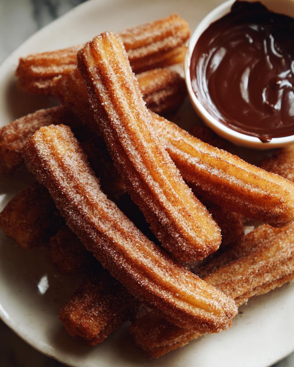 A pile of freshly fried churros coated in cinnamon sugar, served with a bowl of rich chocolate dipping sauce.