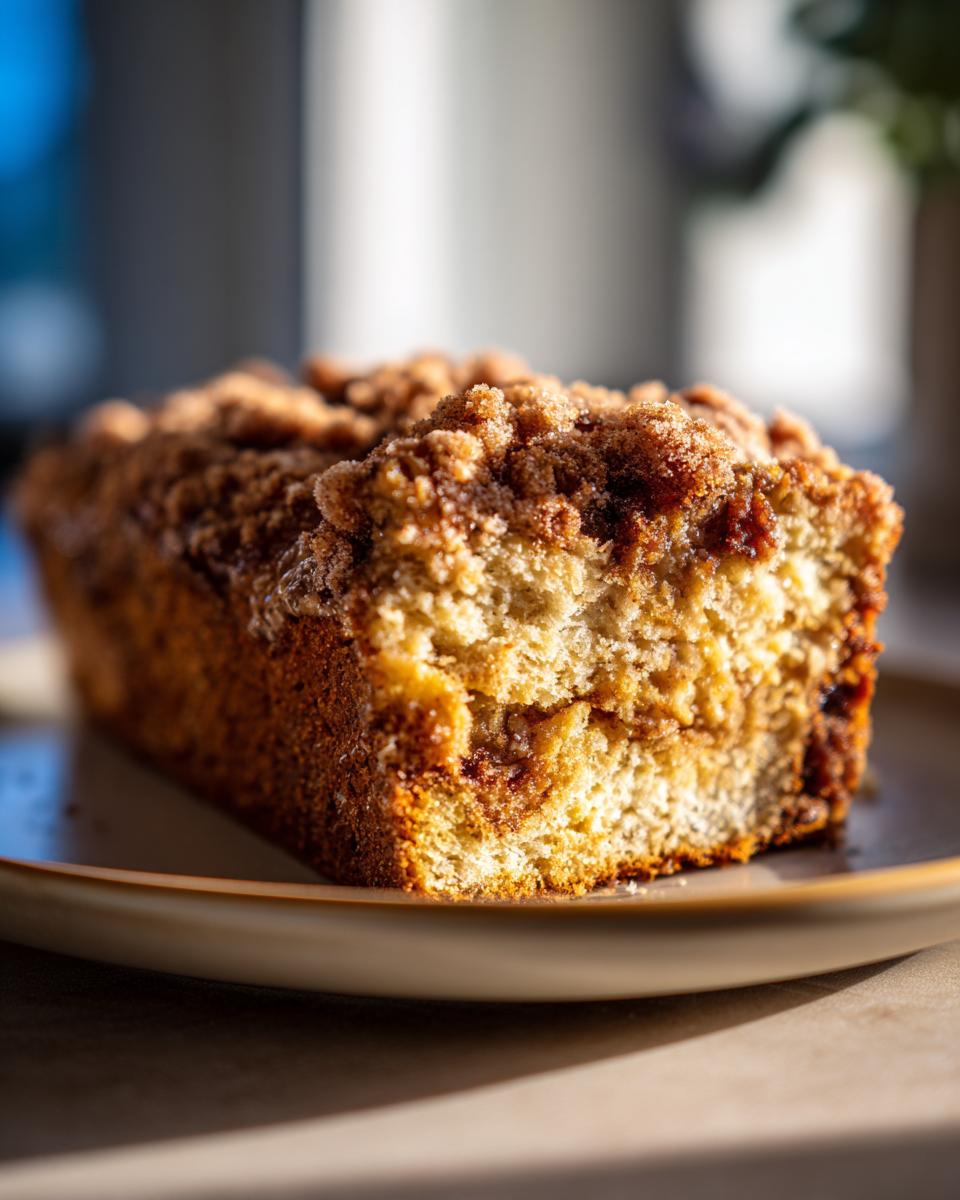 A close-up of a slice of cinnamon crunch banana bread on a plate, showcasing its moist crumb and crunchy topping.