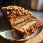 A slice of moist cinnamon crunch banana bread with a gooey cinnamon swirl and crunchy topping.