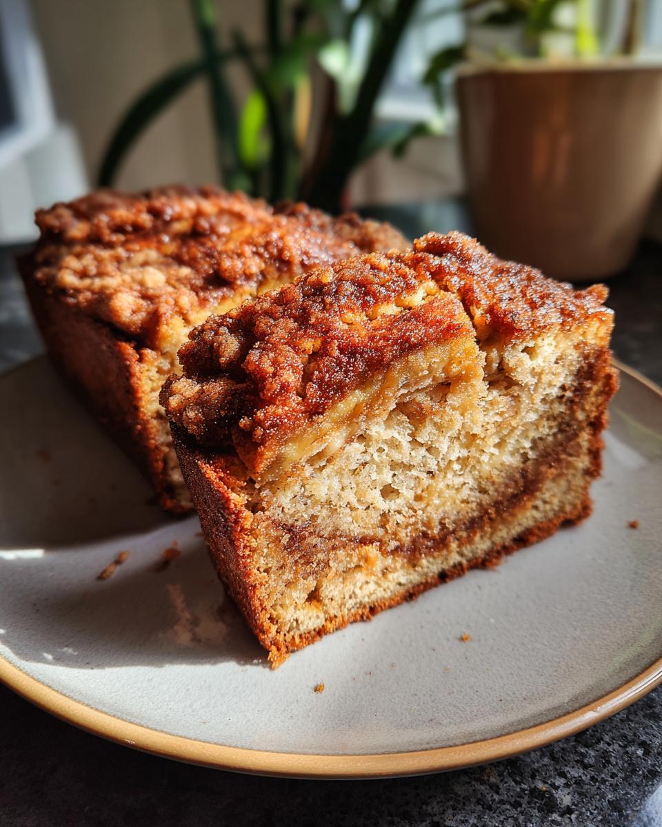 A slice of moist cinnamon crunch banana bread with a crumbly topping on a plate.