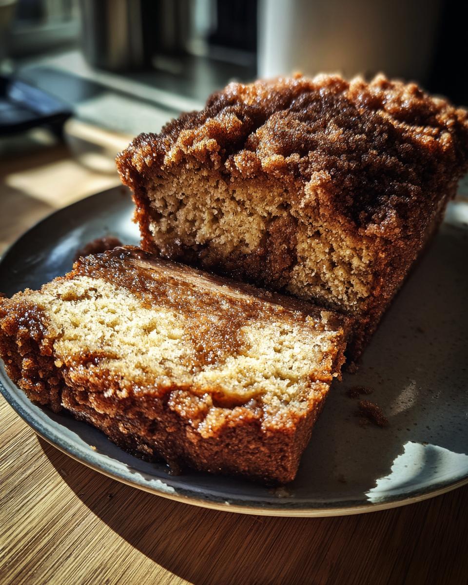 A close-up of a slice of cinnamon crunch banana bread on a plate, showing the moist interior and crunchy topping.