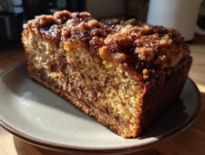 A close-up of a slice of cinnamon crunch banana bread on a plate, showing the moist crumb and crunchy topping.