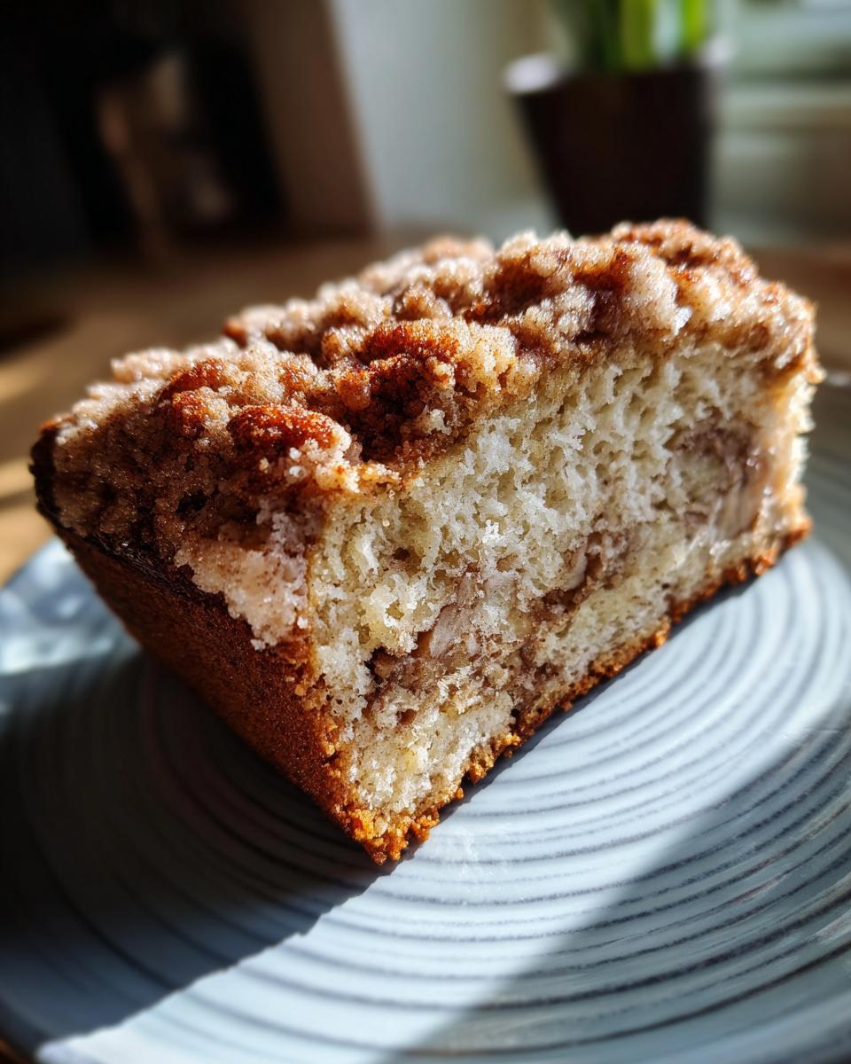 A close-up of a slice of cinnamon crunch banana bread on a blue-striped plate, showing the crumbly topping and banana bread texture.