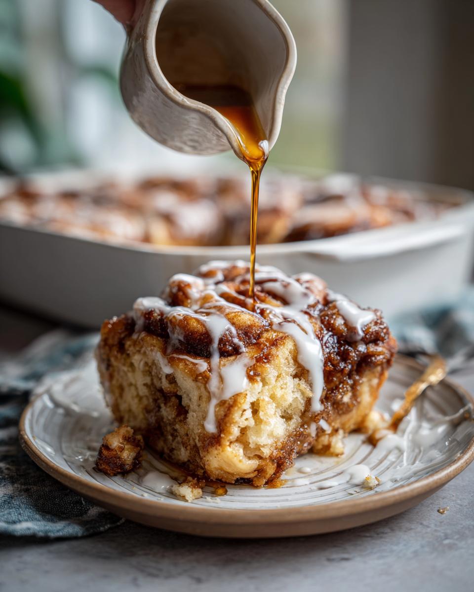 A slice of cinnamon roll casserole being drizzled with glaze, featuring a fluffy texture and cinnamon swirls.