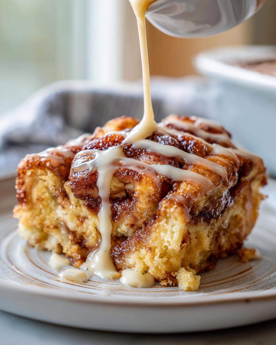 A close-up of a slice of cinnamon roll casserole being drizzled with sweet glaze.