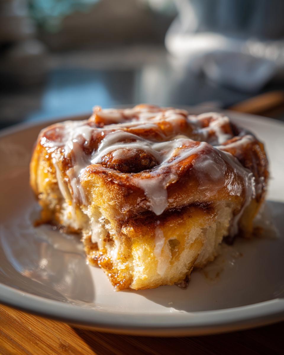 Close-up of a fluffy cinnamon roll casserole slice with icing drizzled on top.