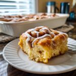 A close-up of a single, fluffy slice of cinnamon roll casserole drizzled with white icing.