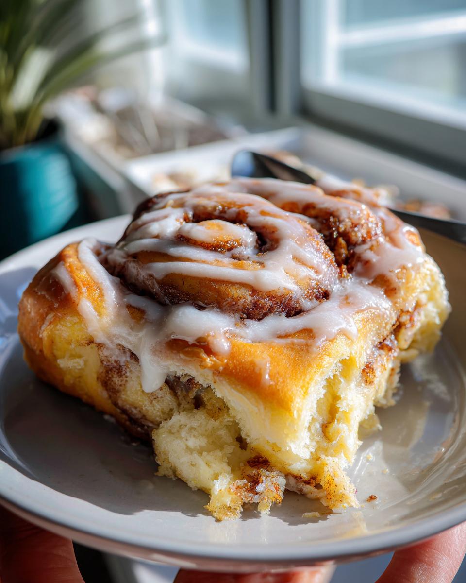 A close-up of a fluffy slice of cinnamon roll casserole, drizzled with icing.