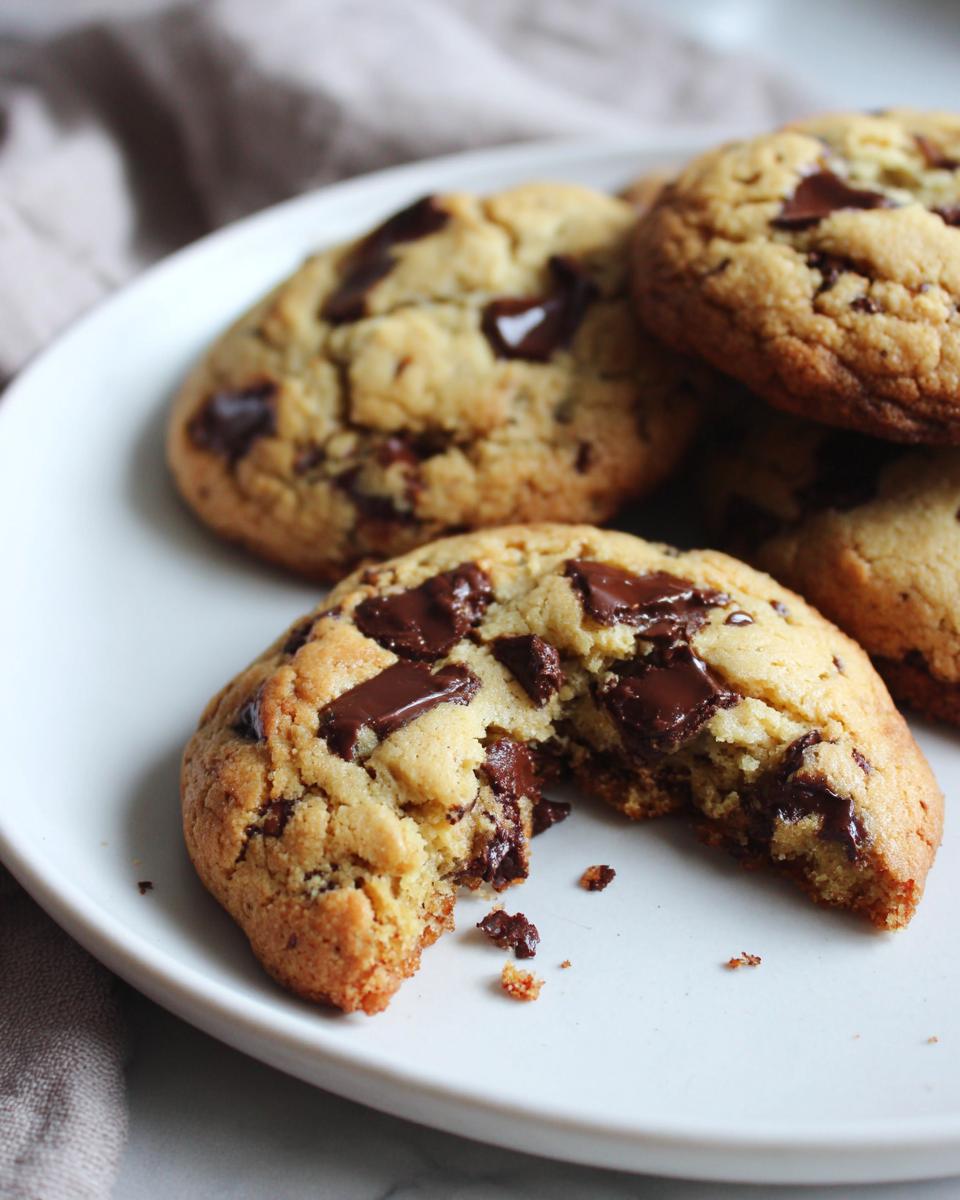 A close-up of a broken classic chocolate chip cookie on a white plate, revealing gooey chocolate chips.