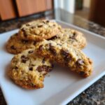 A close-up of delicious classic chocolate chip cookies, one broken in half to show gooey chocolate chips.