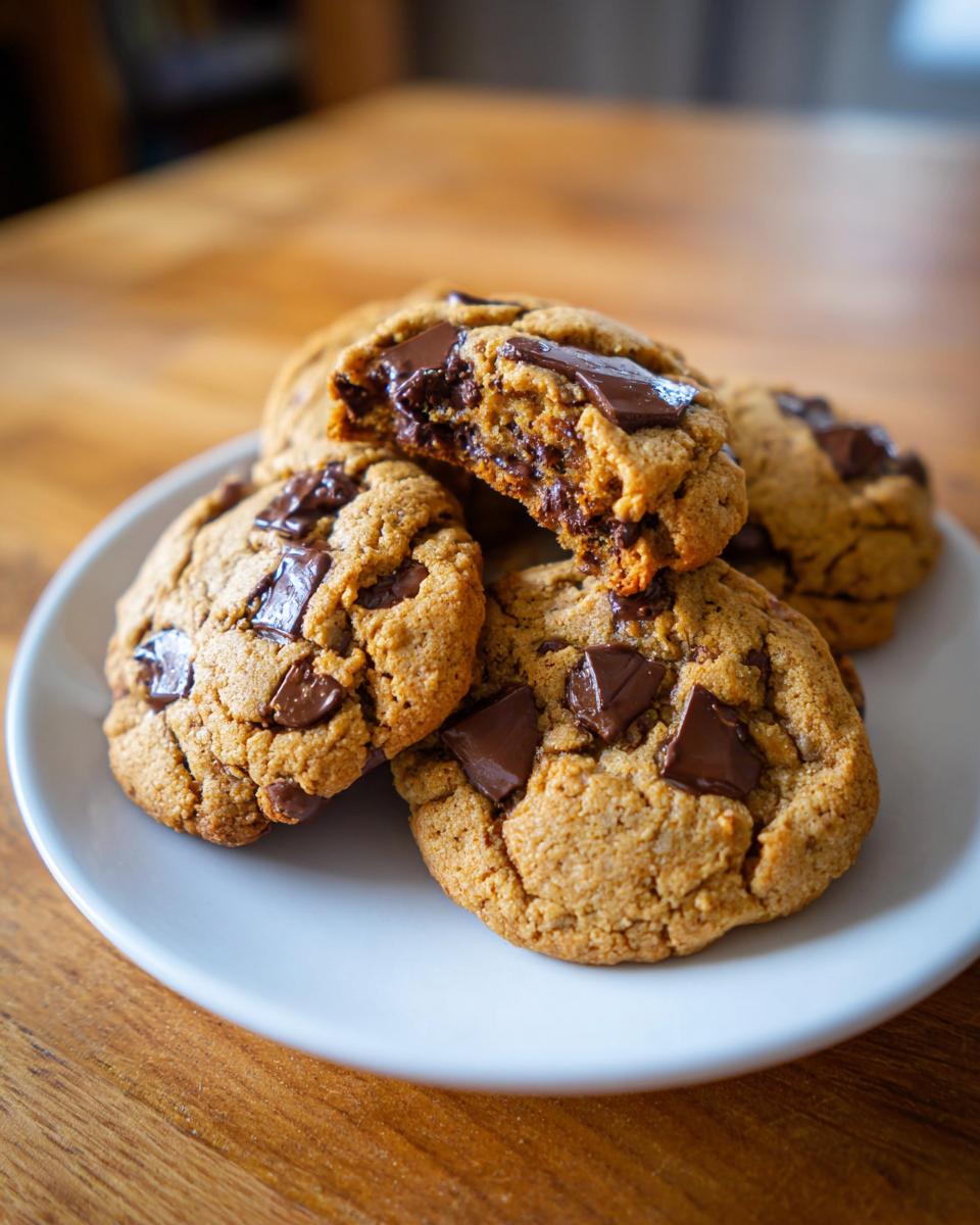 A close-up of classic chocolate chip cookies on a white plate, with one cookie broken in half to show the gooey chocolate chips inside.