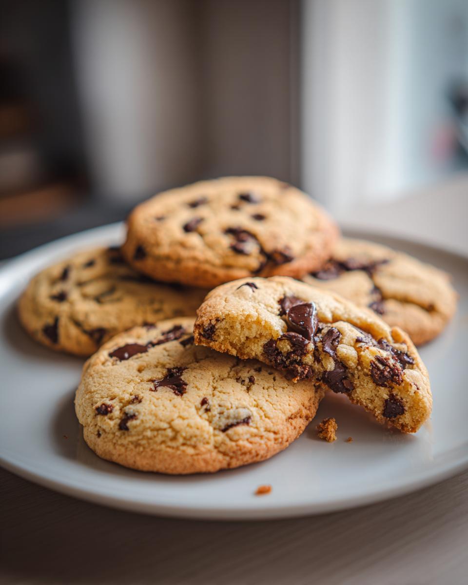 A close-up of classic chocolate chip cookies on a white plate, with one cookie broken in half to show the gooey chocolate chips inside.