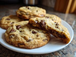 A close-up of delicious classic chocolate chip cookies on a white plate, one cookie broken in half to show the gooey center.