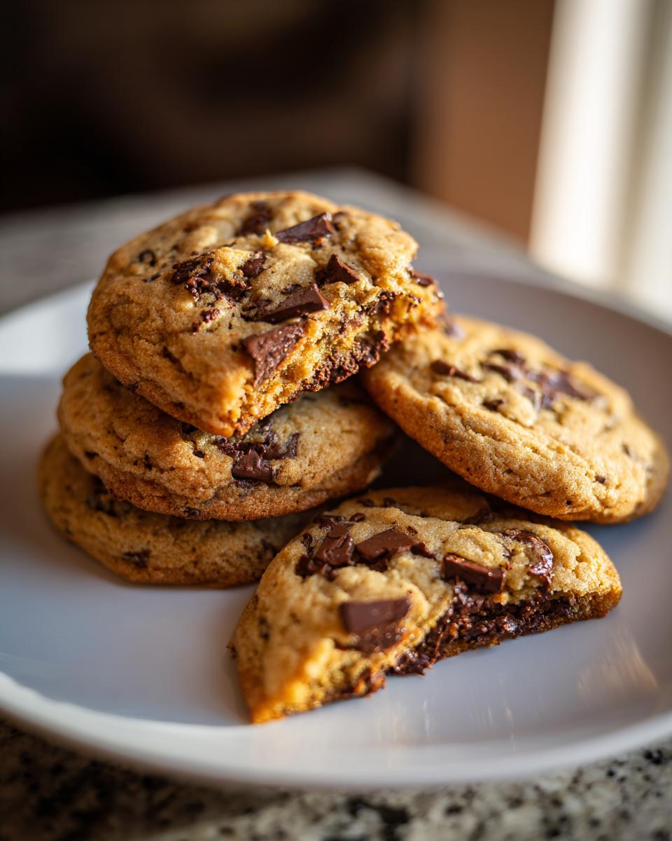 A stack of classic chocolate chip cookies on a white plate, with one cookie broken in half to show the gooey chocolate chips inside.