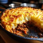 A close-up of a hearty Classic Shepherd's Pie in a cast iron skillet, with a golden-brown mashed potato topping and rich meat filling.