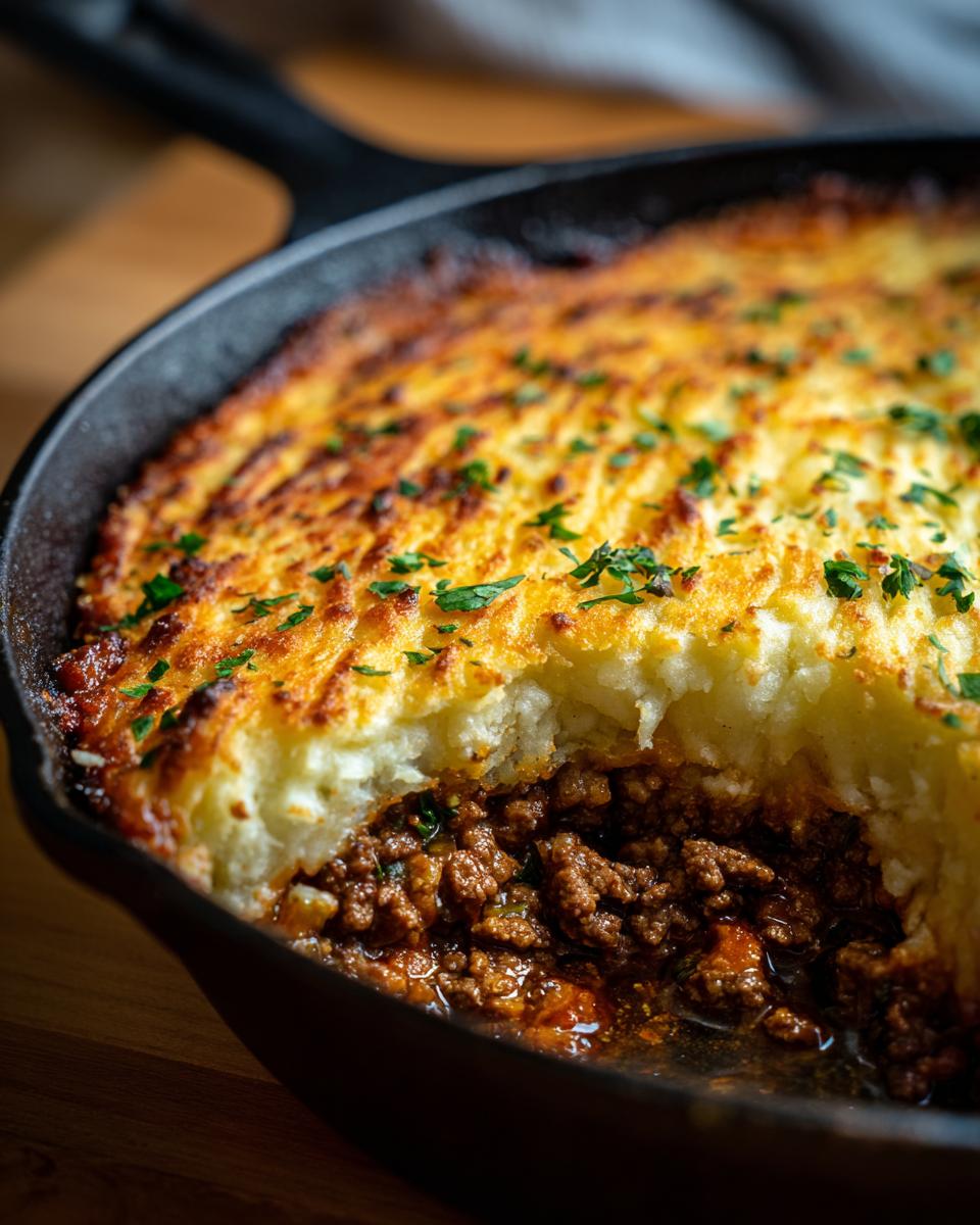 A close-up of a classic shepherd's pie baked in a cast iron skillet, with a golden-brown mashed potato topping and rich meat filling.