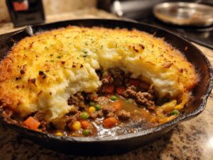 A serving spoon scoops out a portion of classic shepherd's pie from a cast iron skillet, revealing the rich meat and vegetable filling beneath a golden mashed potato crust.