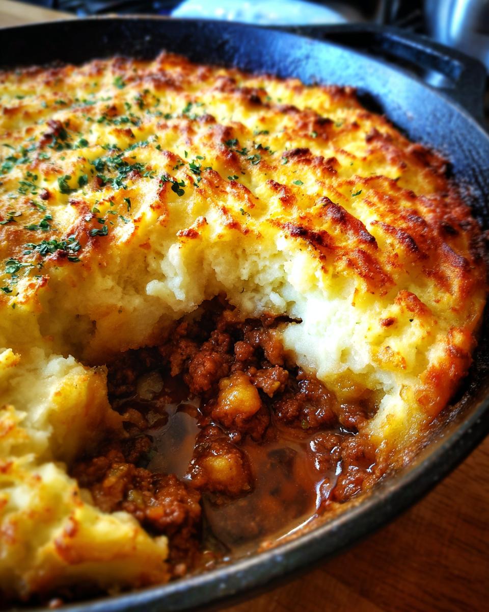 Close-up of a hearty Classic Shepherd's Pie in a cast-iron skillet, showing a scoop removed to reveal the rich meat filling.