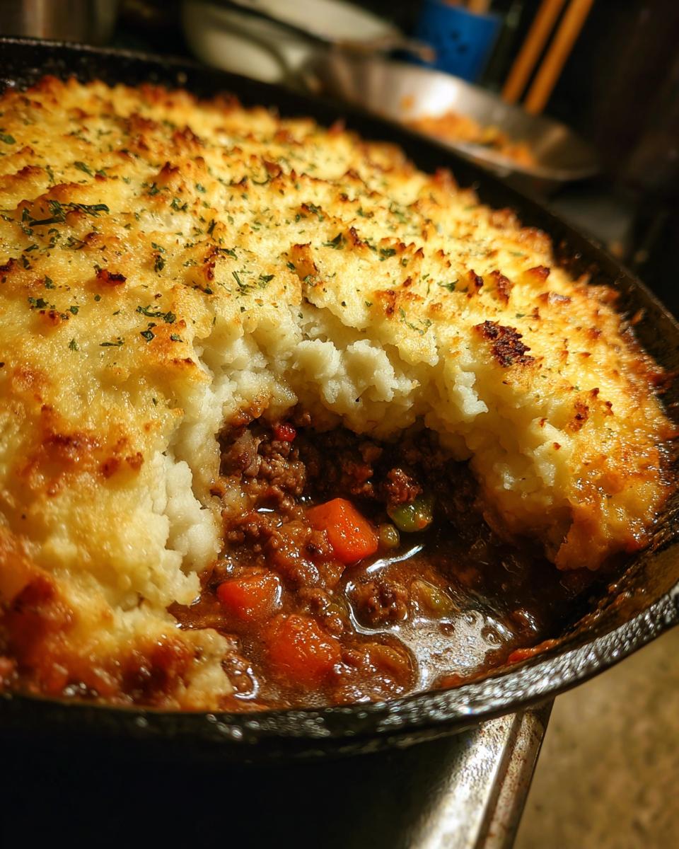 A close-up of a Classic Shepherd's Pie in a cast-iron skillet, showing a scoop of fluffy mashed potatoes over a rich meat and vegetable filling.