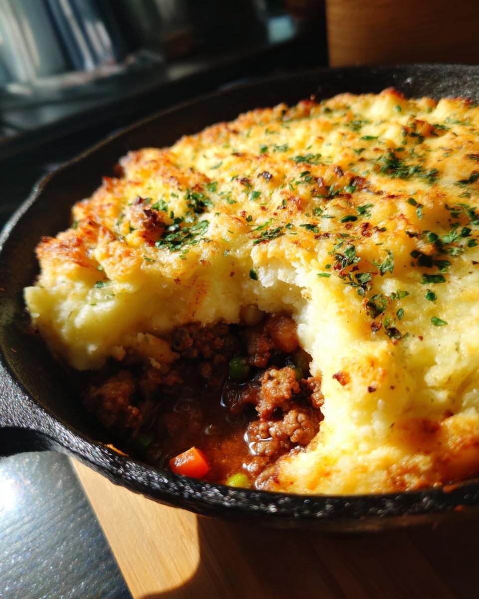 A close-up of a classic shepherd's pie in a cast iron skillet, showing a scoop removed to reveal the savory meat and vegetable filling.