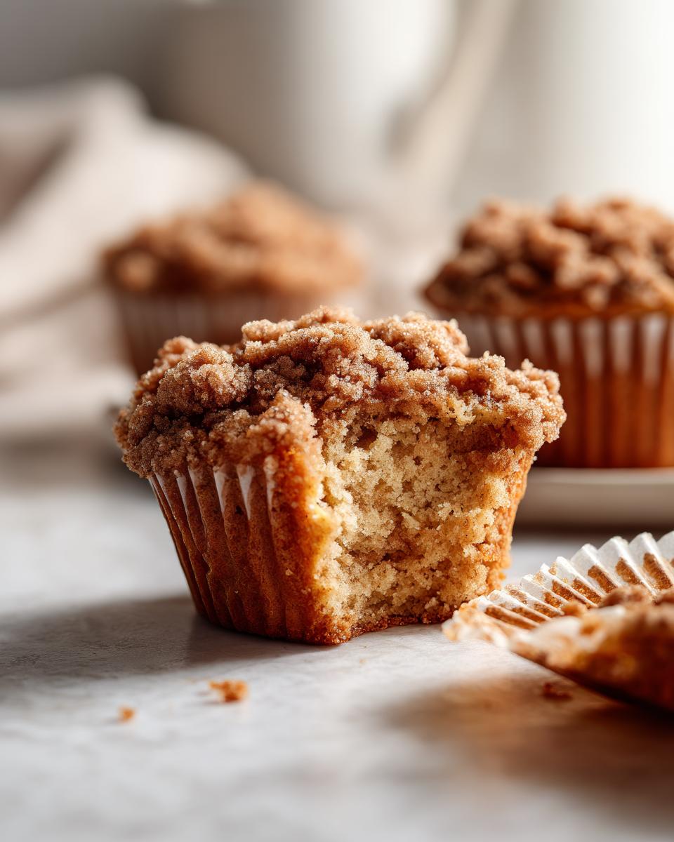 A close-up of a moist coffee cake muffin with a bite taken out, showing the crumbly topping and soft interior.