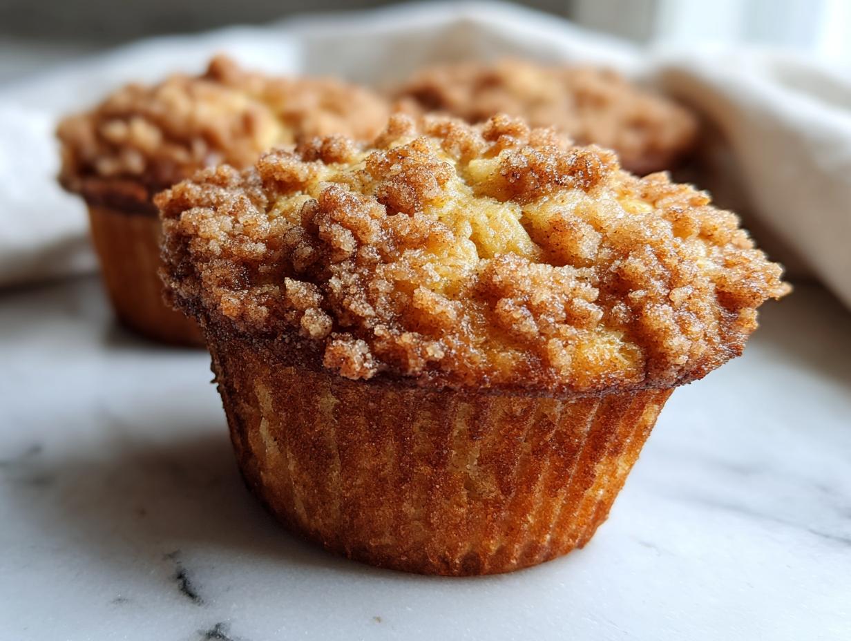 Close-up of a moist coffee cake muffin topped with a generous cinnamon crumble.