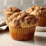 Close-up of a moist coffee cake muffin topped with a generous amount of cinnamon streusel.
