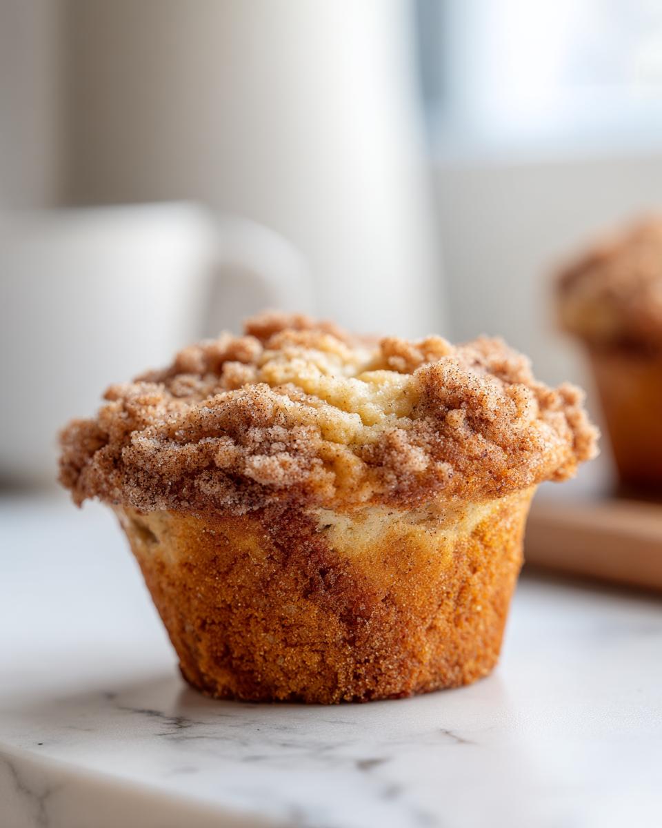 Close-up of a moist coffee cake muffin topped with a generous amount of cinnamon streusel.