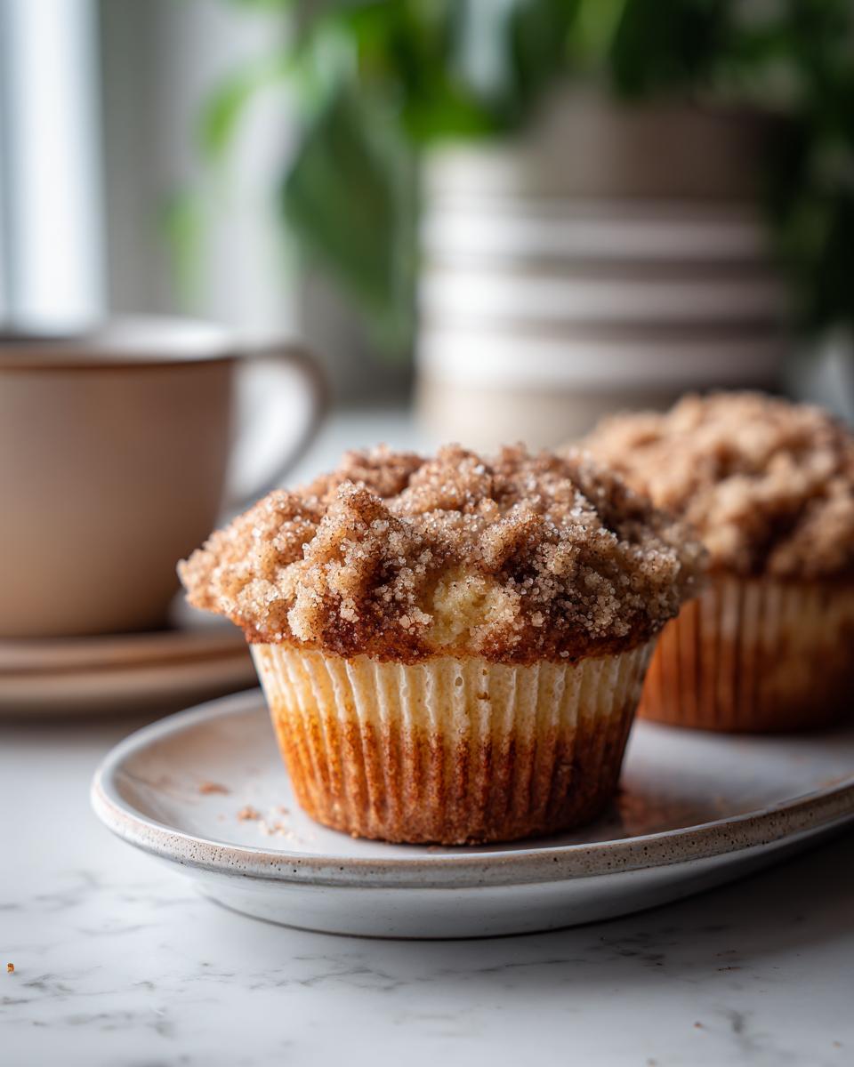Close-up of a moist coffee cake muffin topped with a generous amount of cinnamon streusel, served on a plate with a cup of coffee in the background.