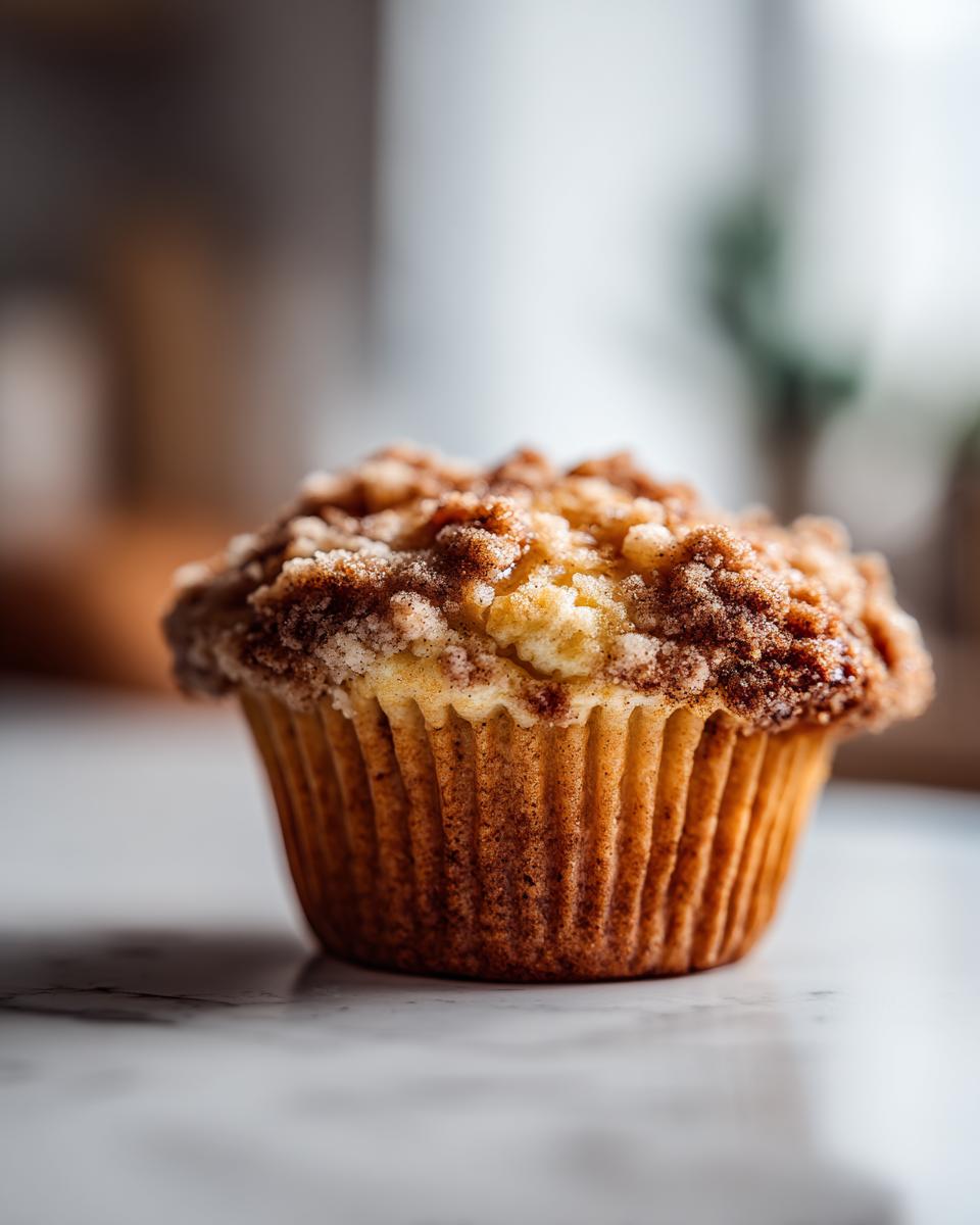 Close-up of a single, moist coffee cake muffin with a generous crumbly streusel topping.