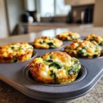 Close-up of freshly baked Cottage Cheese Egg Cups With Spinach & Feta in a muffin tin.