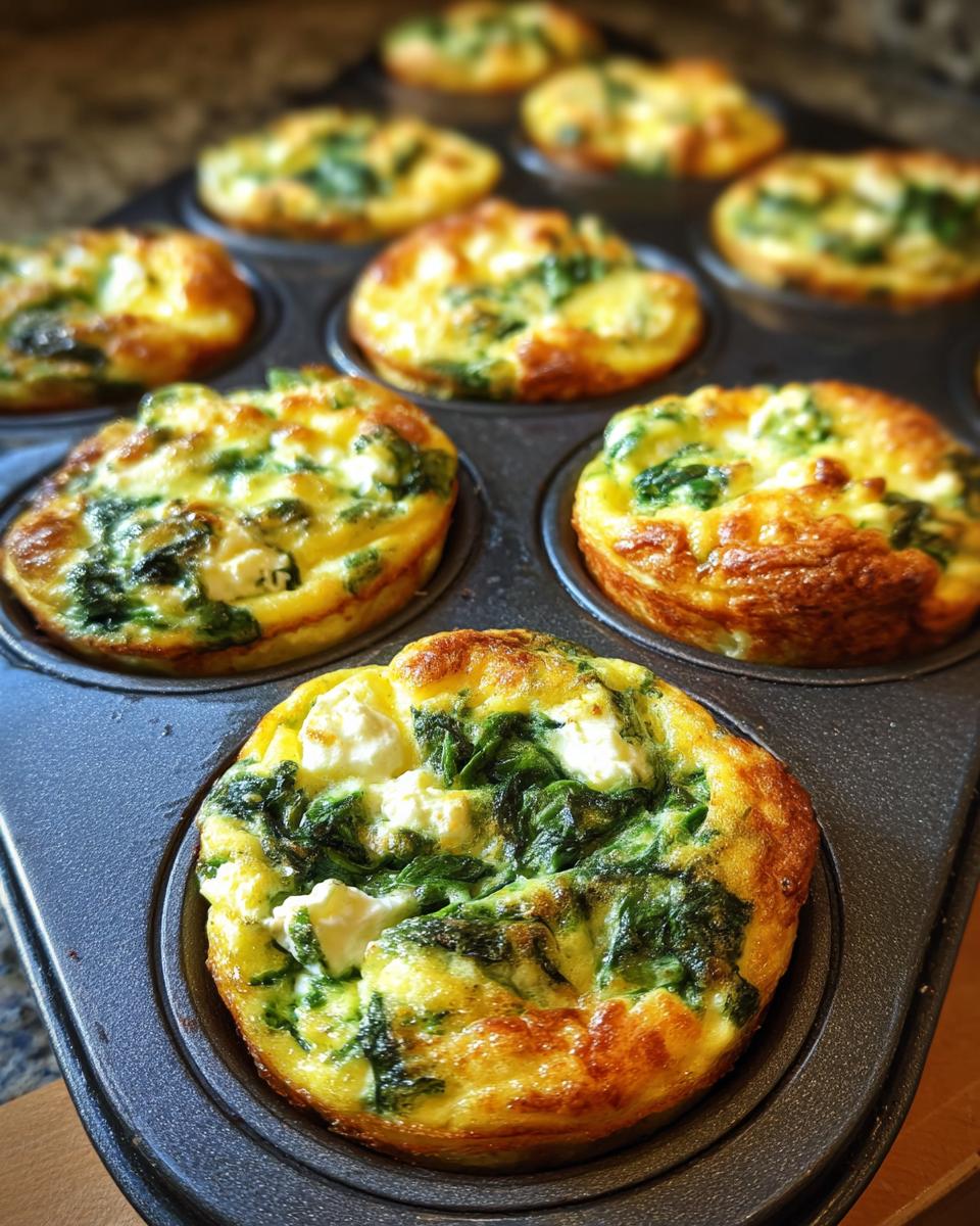 Close-up of freshly baked Cottage Cheese Egg Cups With Spinach & Feta in a muffin tin.