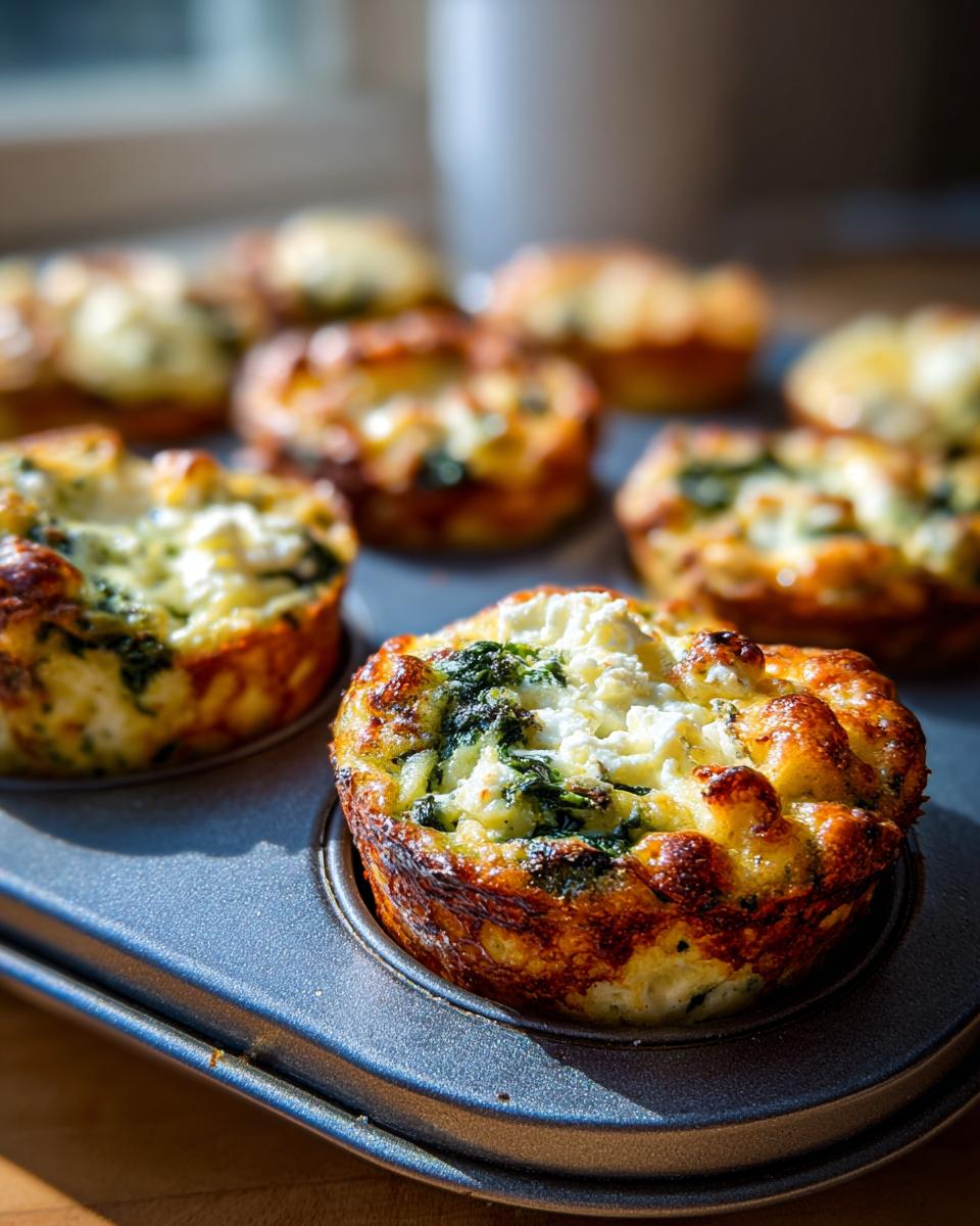 Close-up of baked Cottage Cheese Egg Cups With Spinach & Feta in a muffin tin, golden brown and topped with feta cheese.