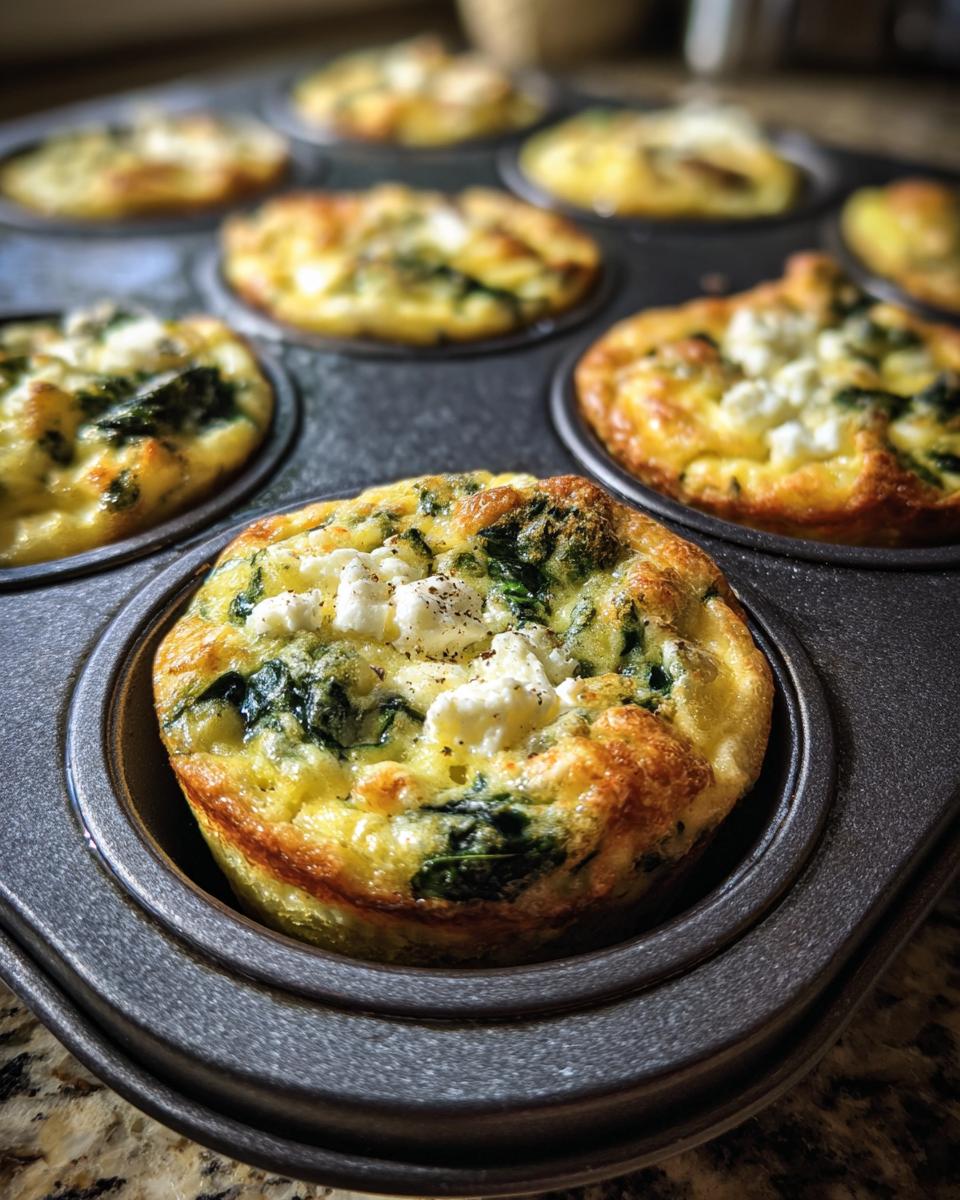 Close-up of golden-brown Cottage Cheese Egg Cups With Spinach & Feta baked in a muffin tin.
