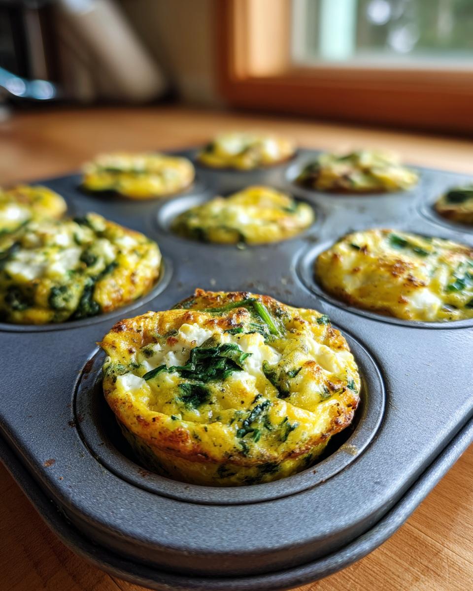 Close-up of freshly baked Cottage Cheese Egg Cups With Spinach & Feta in a muffin tin.