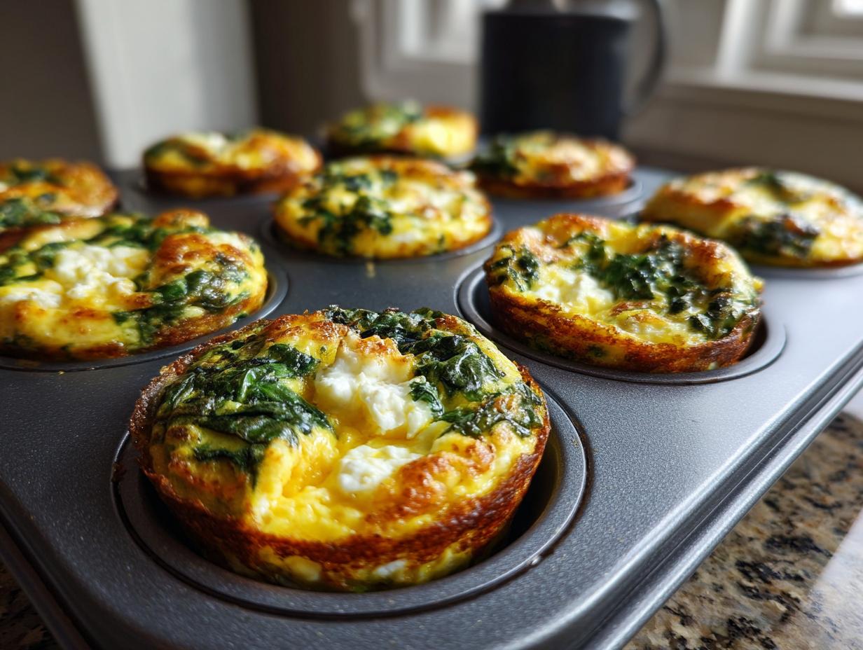 Close-up of freshly baked Cottage Cheese Egg Cups With Spinach & Feta in a muffin tin.