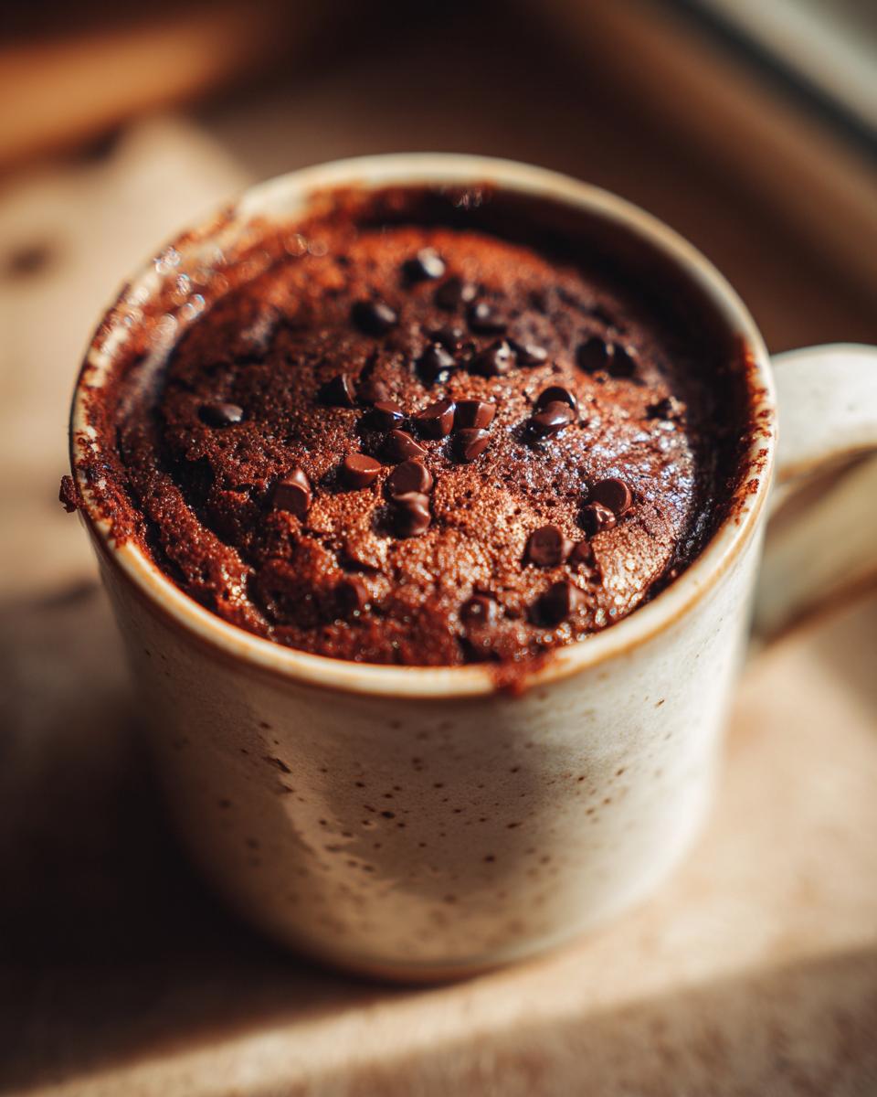 A close-up of a rich chocolate Cottage Cheese Microwave Brownie topped with chocolate chips in a mug.