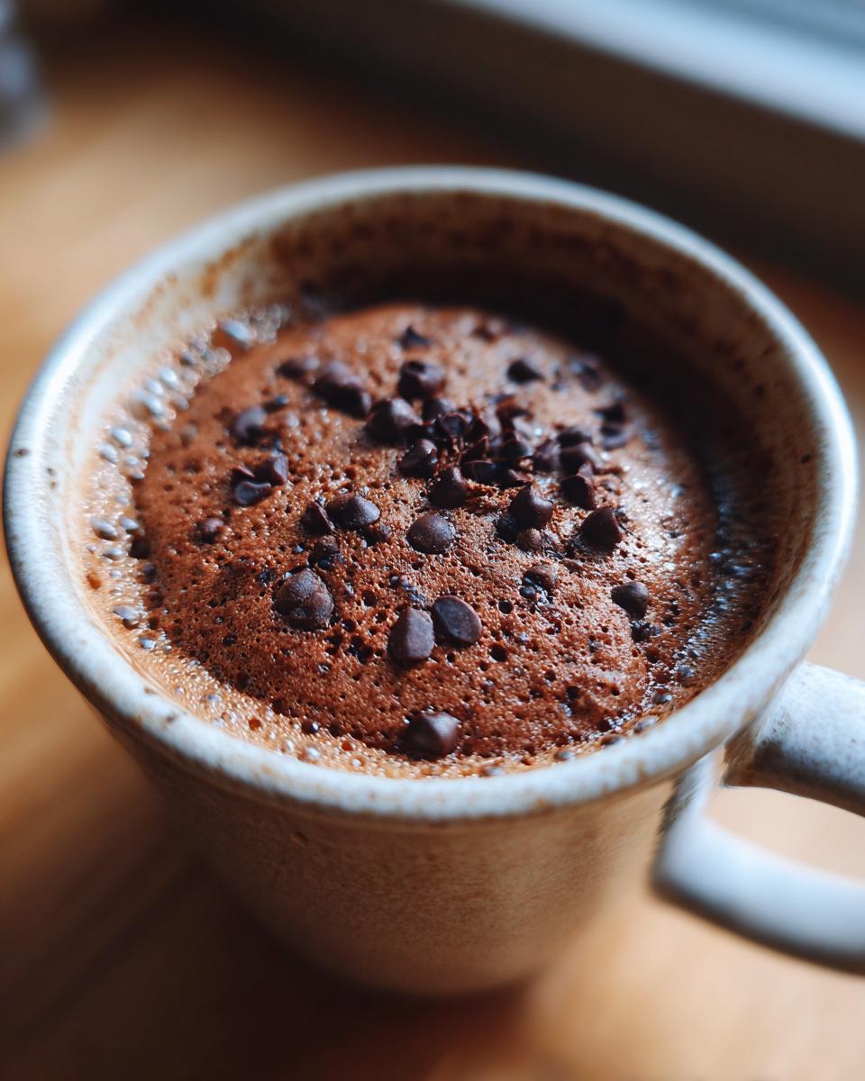 Close-up of a fluffy Cottage Cheese Microwave Brownie topped with chocolate chips in a mug.