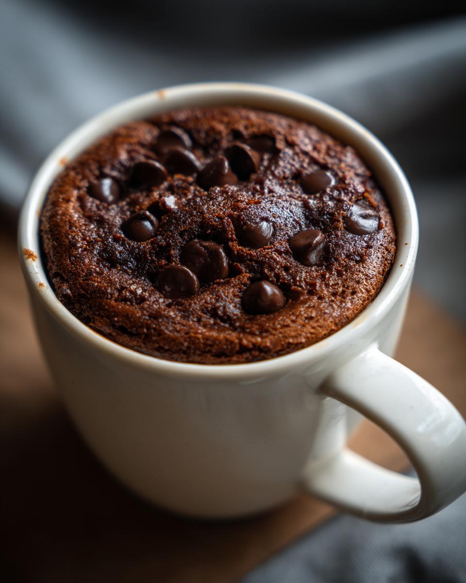 A close-up of a rich chocolate brownie made with cottage cheese, topped with chocolate chips, in a white mug.