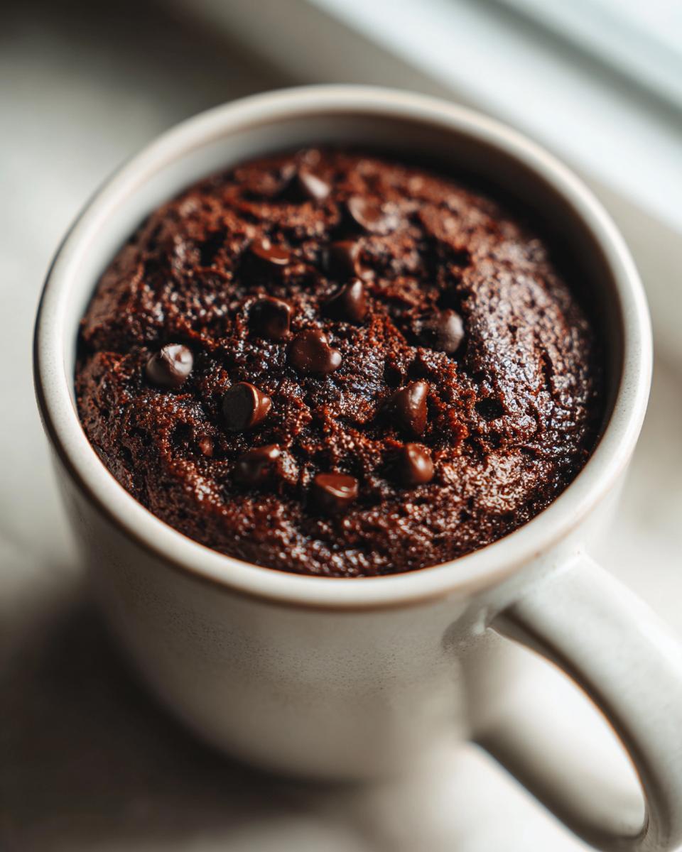 A close-up of a rich chocolate Cottage Cheese Microwave Brownie topped with chocolate chips in a mug.