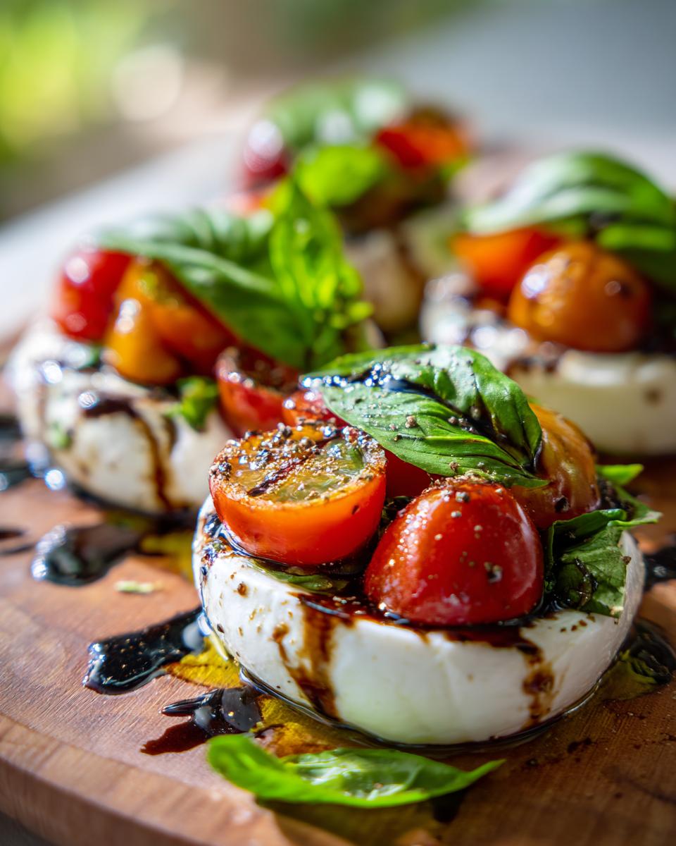 Close-up of a spooky cranberry jello salad appetizer with cherry tomatoes and basil.