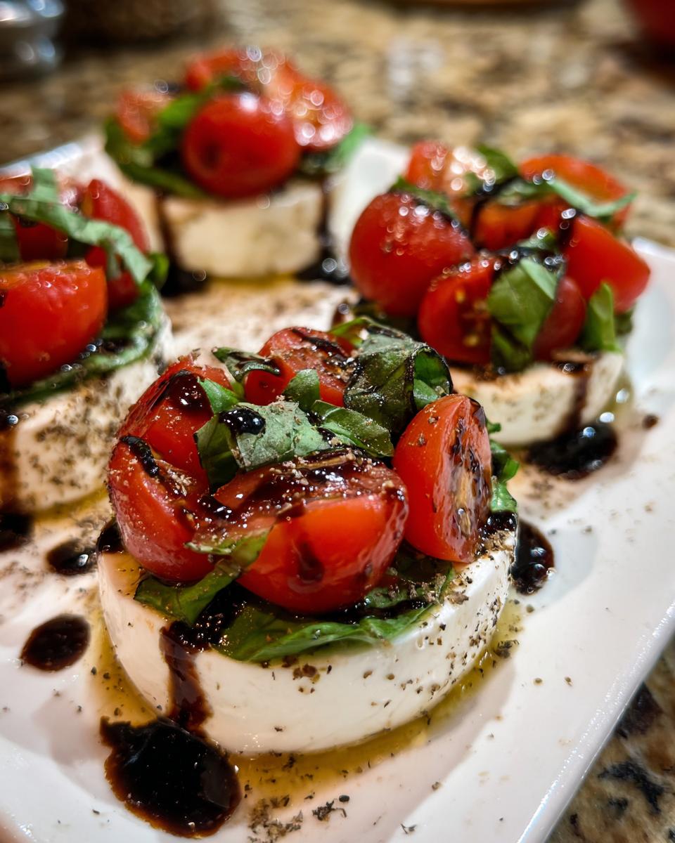 Close-up of a spooky cranberry jello salad appetizer with fresh mozzarella, tomatoes, and basil.