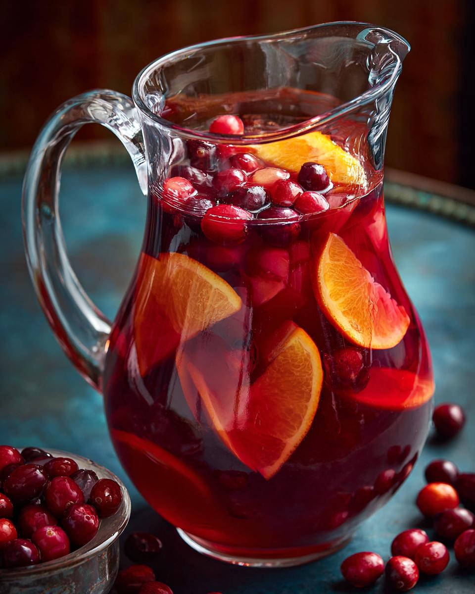 A clear glass pitcher filled with vibrant Cranberry Orange Punch, featuring orange slices and whole cranberries.