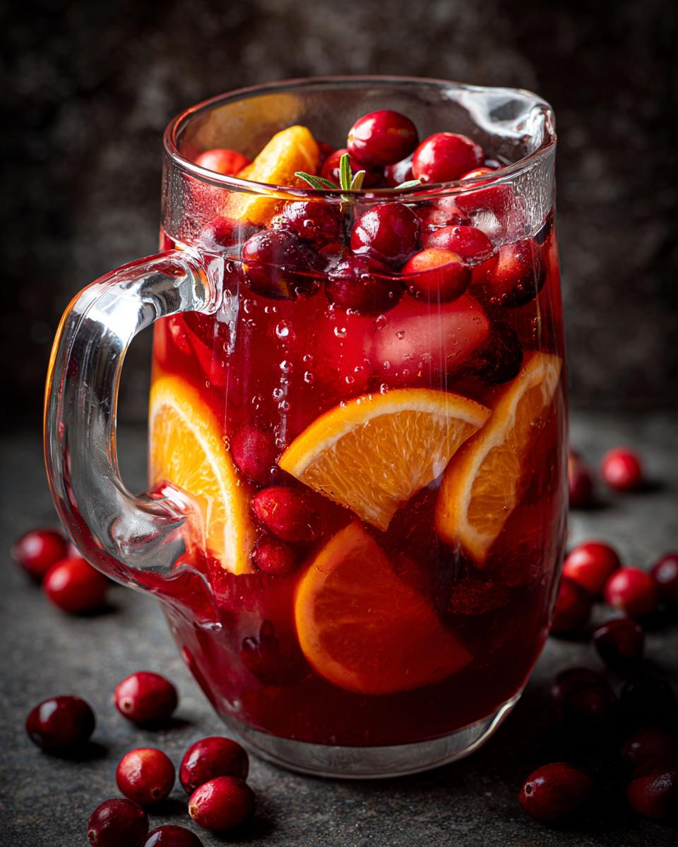A tall glass pitcher filled with vibrant Cranberry Orange Punch, adorned with fresh cranberries and orange slices.